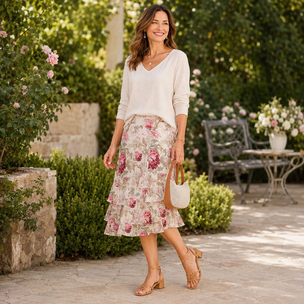 J.JILL Women's 16 Midi Skirt Floral Cotton Tiered Ruffle Cottagecore Cotton